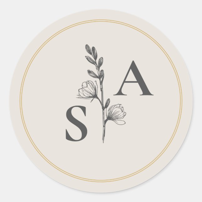Minimalistische Beige-Monogramm-Wildblume Runder Aufkleber (Vorderseite)