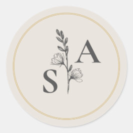 Minimalistische Beige-Monogramm-Wildblume Runder Aufkleber