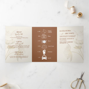 Minimalistische Beige-Neutral-Monogramm-Hochzeit Dreifach Gefaltete Einladung
