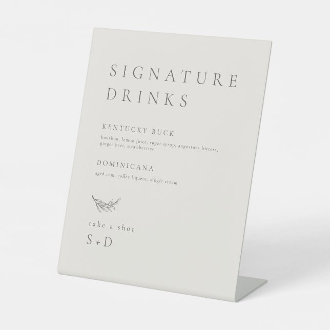 Minimalistische Beige Signature Drinks Hochzeitsze Sockelschild (Vorderseite)
