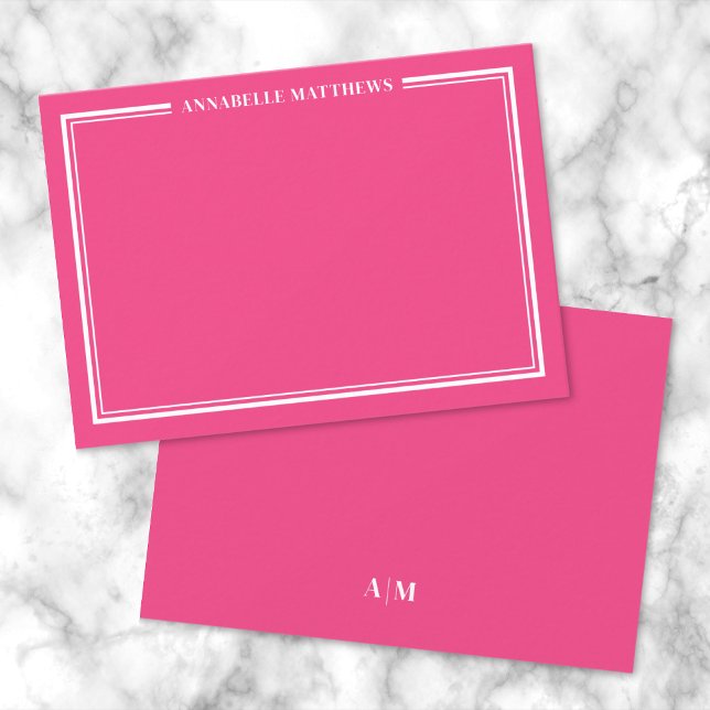 Minimalistische Bezeichnung Monogramm Mitteilungskarte (Hot Pink Two Border Minimalist Name Monogram Note Card)