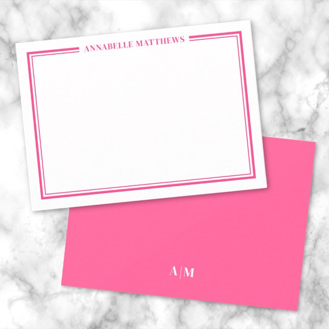 Minimalistische Bezeichnung Monogramm Mitteilungskarte (Hot Pink Two Border Minimalist Name Monogram Note Card)