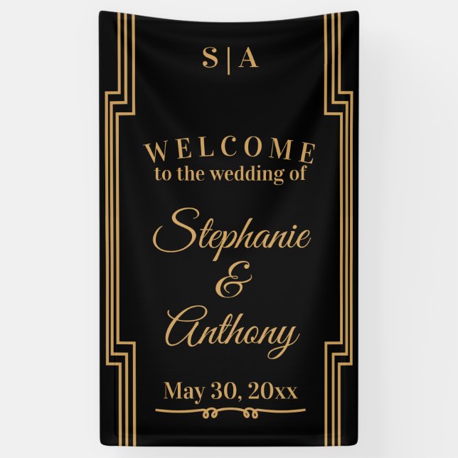 Minimalistische Black and Gold Art Deco Hochzeit Banner (Vertikal)