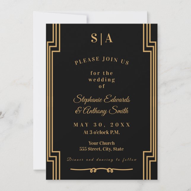 Minimalistische Black and Gold Art Deco Hochzeit Einladung (Vorderseite)