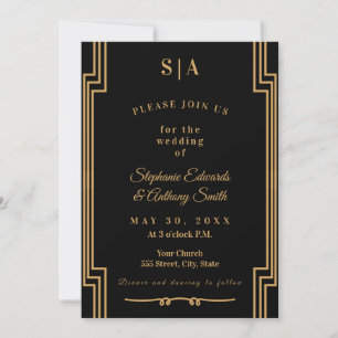 Minimalistische Black and Gold Art Deco Hochzeit Einladung