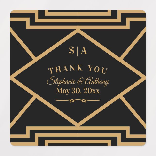 Minimalistische Black and Gold Art Deco Hochzeit Etiketten (Design 1)