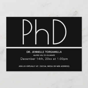 Minimalistische Black Virtual PhD Graduation Party Einladung