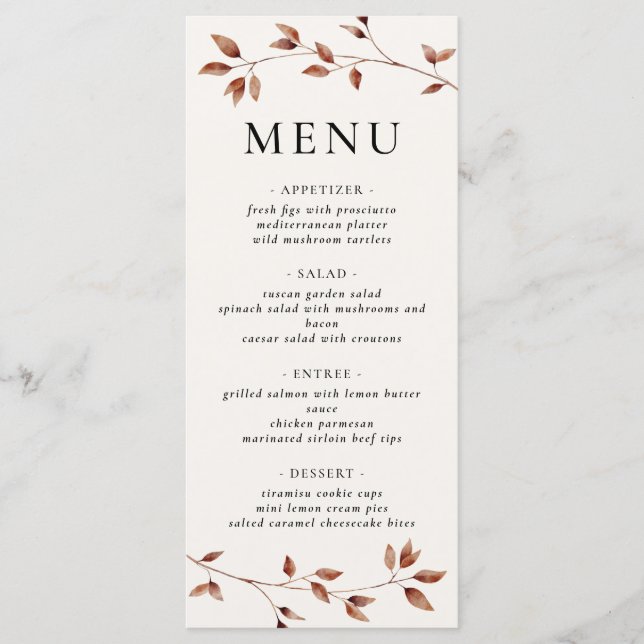 Minimalistische Blätter Moderne Hochzeit im Herbst Menükarte (Vorderseite)