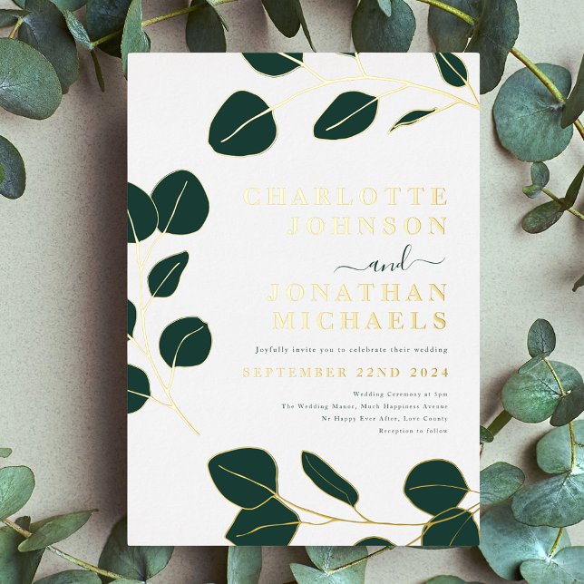 Minimalistische Blätter Stilvolle Dunkelgrün und G Folieneinladung (Minimalist eucalyptus leaves modern stylish dark emerald green and gold foil wedding invitation)
