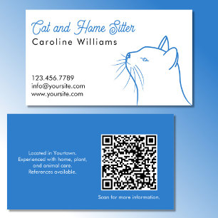 Minimalistische blau-weiße Katzenillustration QR-C Visitenkarte