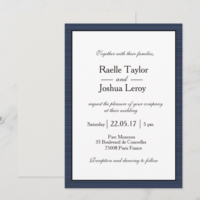 Minimalistische blaue, graue Streifen Hochzeit Einladung (Vorne/Hinten)