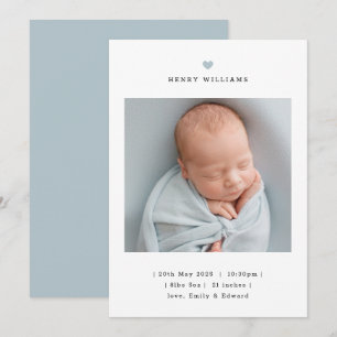 Minimalistische blaue Herz-Jungen-Geburtsankündigu Ankündigung