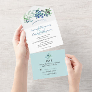 Minimalistische blaue Oberkante Beerenblatt Hochze All In One Einladung