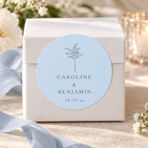 Minimalistische blaue Palme Linienkunst Hochzeit Runder Aufkleber