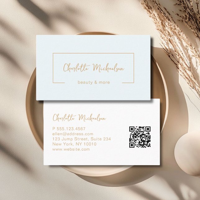 Minimalistische Blaue QR-Code Handschrift Visitenkarte (Minimal Handwriting Blue QR Code Business Card)