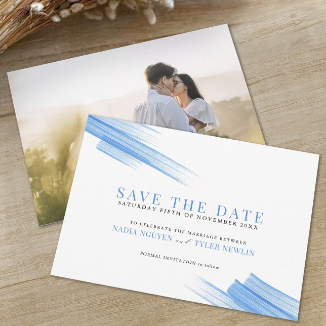Minimalistische blaue Striche Foto Hochzeit Save The Date (Von Creator hochgeladen)