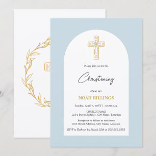 Minimalistische Blaue und Goldene Kreuz-Taufe Einladung