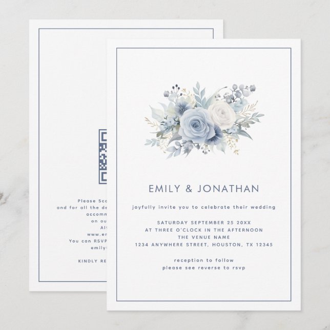 Minimalistische Blue Florals Line Border QR Hochze Einladung (Vorne/Hinten)