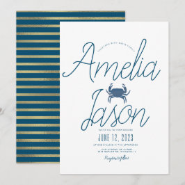 Minimalistische Blue Imitate Foil Script Crab Wedd Einladung
