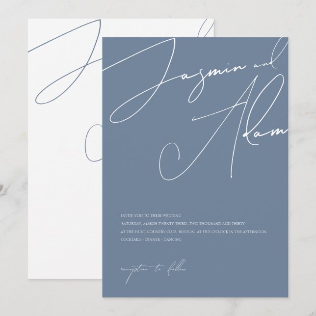 Minimalistische Blue Script Typografy Wedding Einladung (Vorne/Hinten)