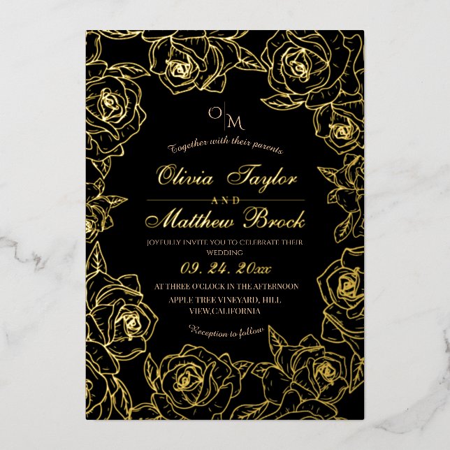 Minimalistische Blume in Schwarz und Gold Hochzeit Folieneinladung (Vorderseite)