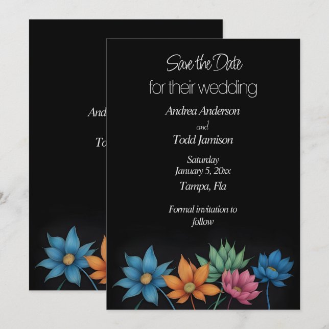 Minimalistische Blume Kontrast Schwarze Hochzeit Save The Date (Vorne/Hinten)