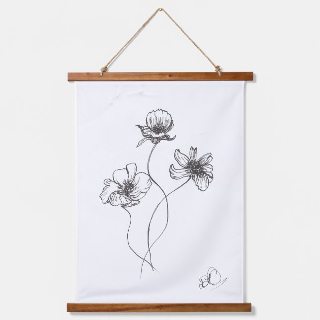 Minimalistische Blume, Tintenpatronen Wandteppich Mit Holzrahmen (Vorderseite)