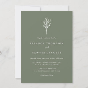 Minimalistische Blumenbouquet Taupe Grüne Hochzeit Einladung
