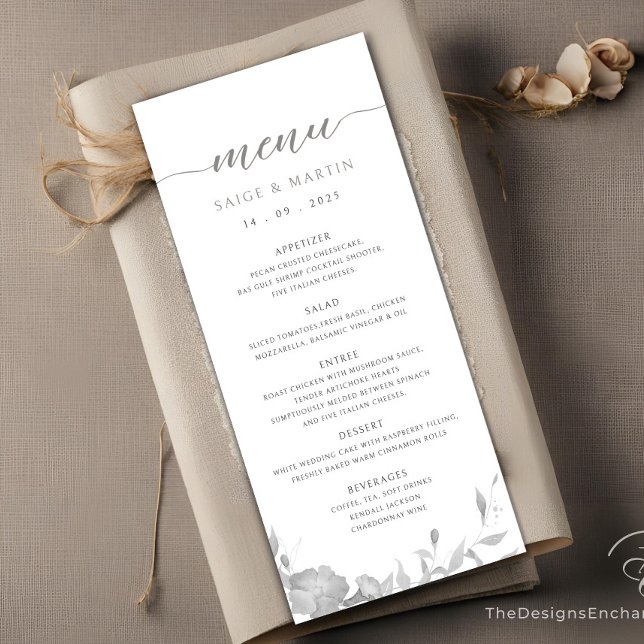 Minimalistische Blumenkarte Menükarte (Gray Wedding Dinner Menu Cards, Minimalist Modern Script Wedding Menu by TheDesignsEnchanted)