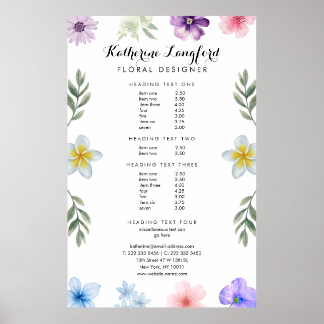 Minimalistische Blumenliste | Vorlage bearbeiten Poster (Vorne)