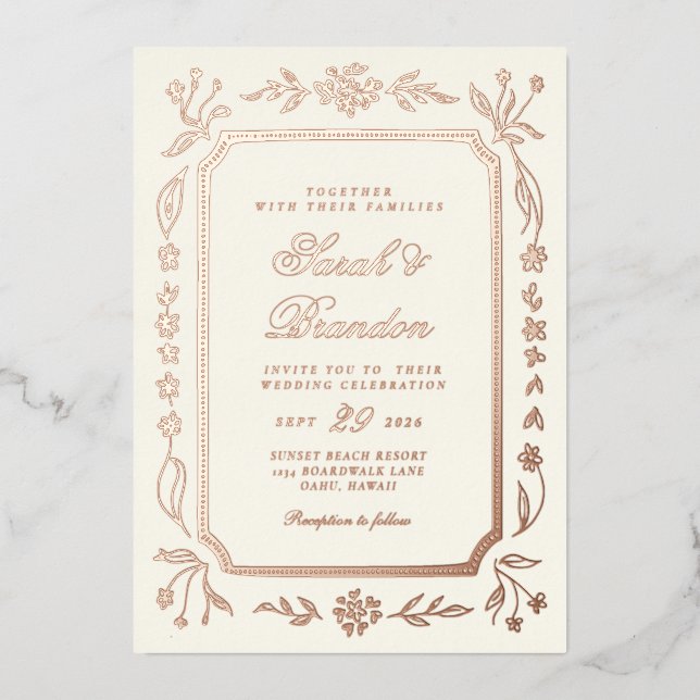 Minimalistische Blumenschrift Folieneinladung (Vorderseite)