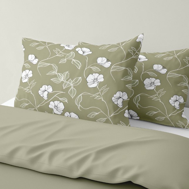 Minimalistische Blumenstrauß-line Kunst, Dichtung  Kissenbezug (Minimalist Floral White Line Art Olive Green Pillow Case)