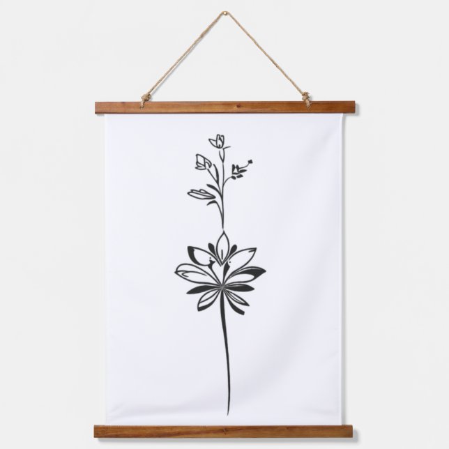 "Minimalistische Blumenstrauß-Linie" Elegantes Des Wandteppich Mit Holzrahmen (Vorderseite)