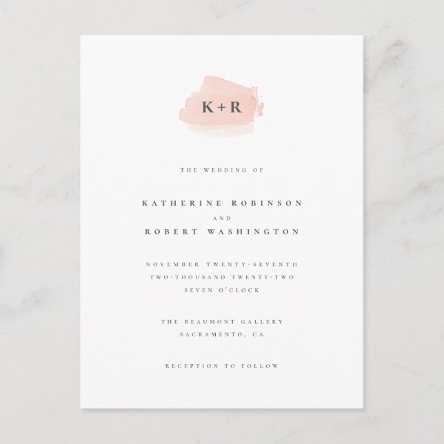 Minimalistische Blush Pink Wasserfarbeninitials Ho Einladungspostkarte (Vorderseite)