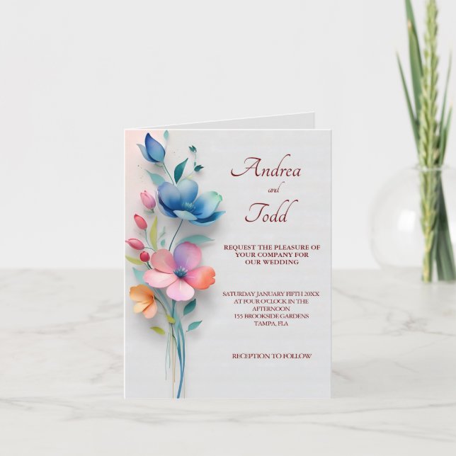 Minimalistische Blütenhochzeit gefaltet Einladung (Vorderseite)