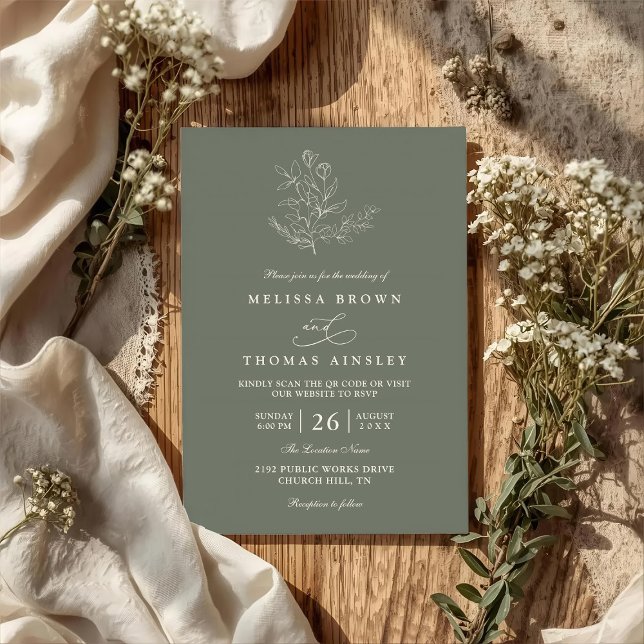 Minimalistische Boho-Blumen-Sage-Moderne-QR-Code-H Einladung (Von Creator hochgeladen)