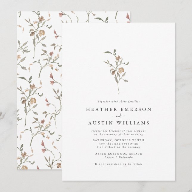 Minimalistische Boho Botanicals-Hochzeit Einladung (Vorne/Hinten)