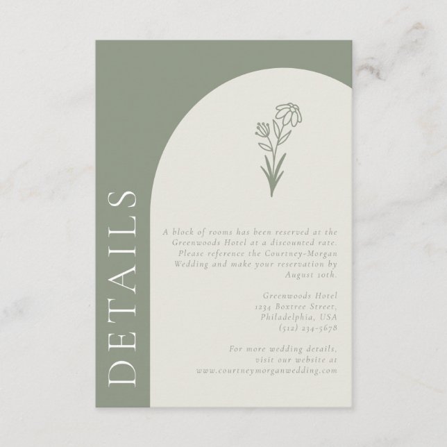Minimalistische Boho Botanische Hochzeit Details Begleitkarte (Vorderseite)