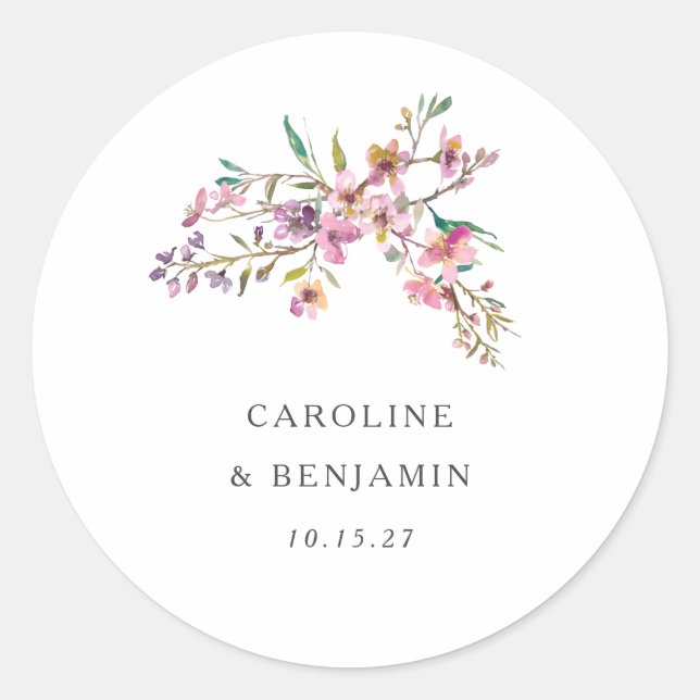 Minimalistische Boho Pink-Wildblumen Hochzeit nach Runder Aufkleber (Vorderseite)