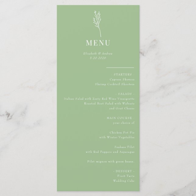 Minimalistische botanische Flora | Hochzeitsmenü Menükarte (Vorderseite)