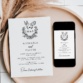 Minimalistische botanische Tauben Hochzeit mit ele Einladung