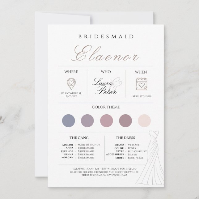 Minimalistische Bridesmaid Info-Karte Einladung (Vorderseite)