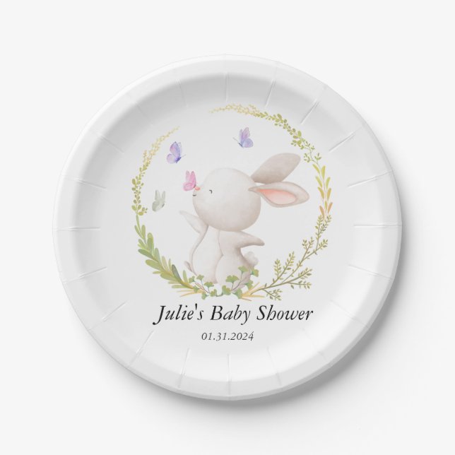 Minimalistische Bunny and Butterflies Babydusche Pappteller (Vorderseite)