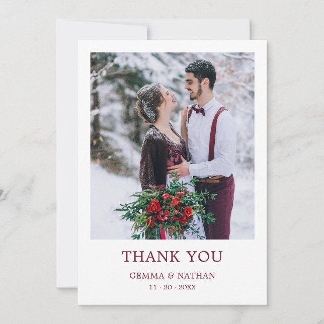 Minimalistische Burgund 1 Foto Hochzeit Dankeschön Dankeskarte (Vorderseite)