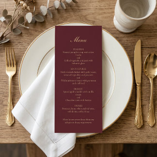 Minimalistische Burgunder-Gold-Schrift Hochzeitsdi Menükarte