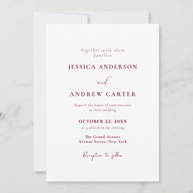 Minimalistische Burgundy Red & White Simple Weddin Einladung (Vorderseite)