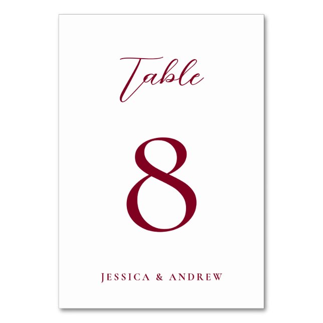 Minimalistische Burgundy Red & White Simple Weddin Tischnummer (Vorderseite)