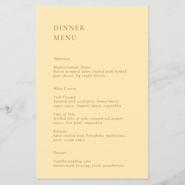 Minimalistische Butter Gelb Menü für Hochzeiten (Vorne)