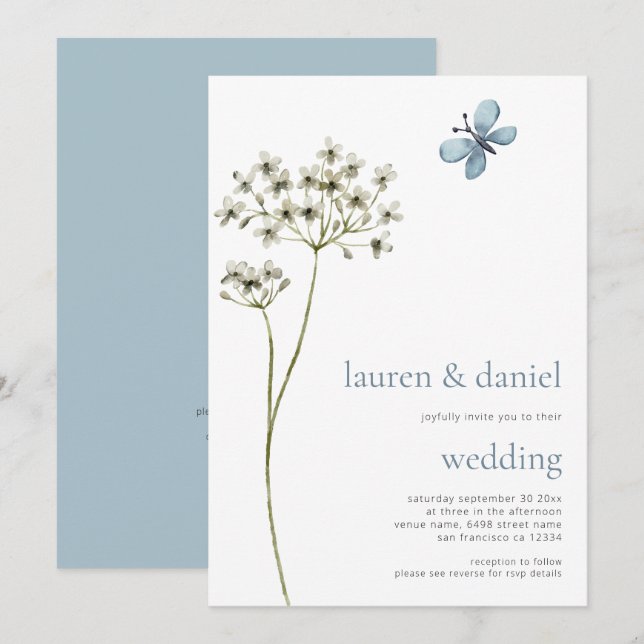 Minimalistische Butterfly-Wildblume QR Blue Weddin Einladung (Vorne/Hinten)