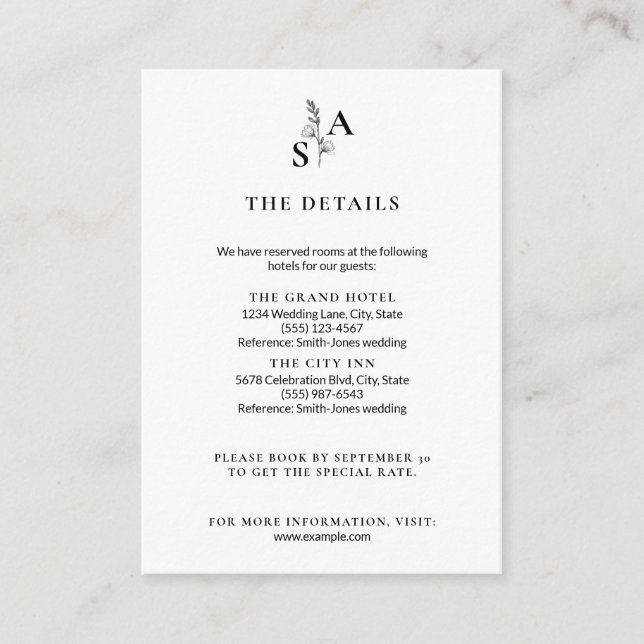 Minimalistische BW-Monogramm-Wildblume Begleitkarte (Vorderseite)